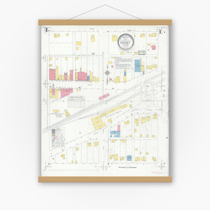 Old map wall art mockup — magnetic wood frame on white wall — Sanborn Fire Insurance Map from Wyanet, Bureau County, Illinois (1932), Sheet #0001
