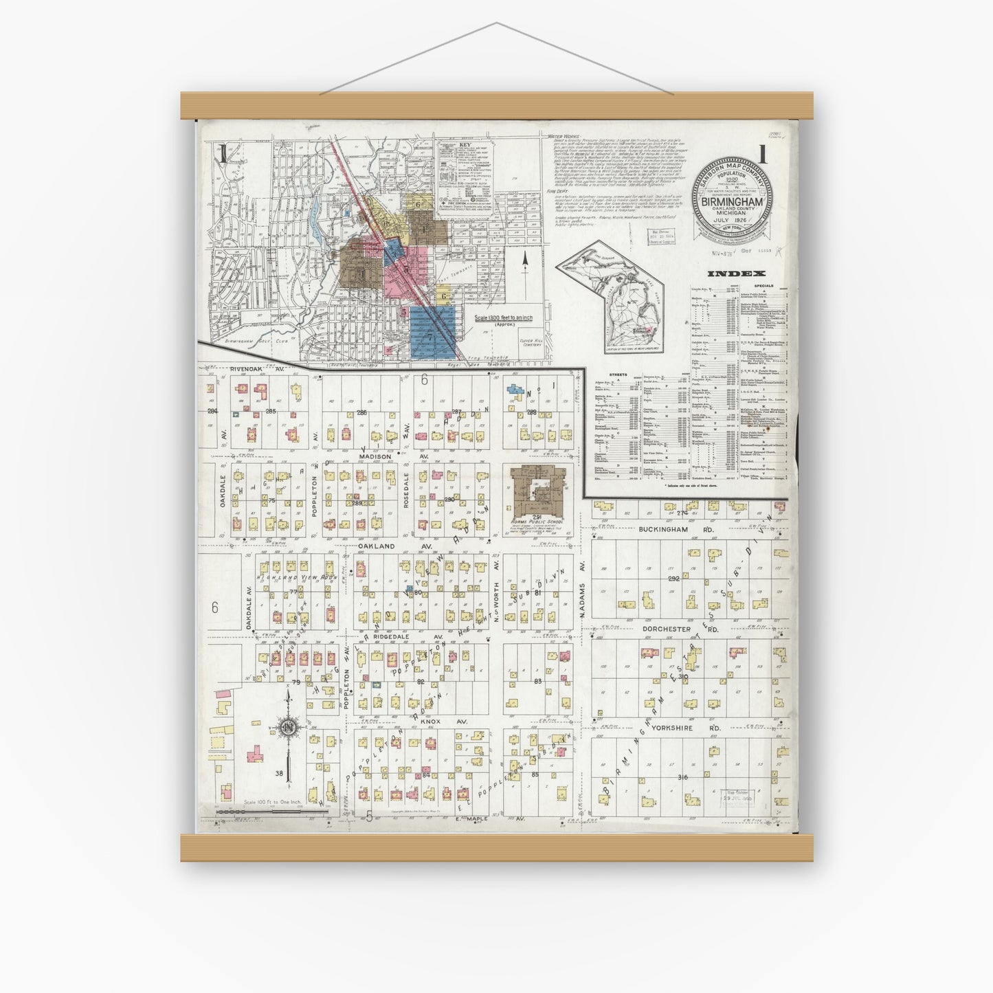 Old map wall art mockup — magnetic wood frame on white wall — Sanborn Fire Insurance Map from Birmingham, Oakland County, Michigan (1926) - Complete Map Set