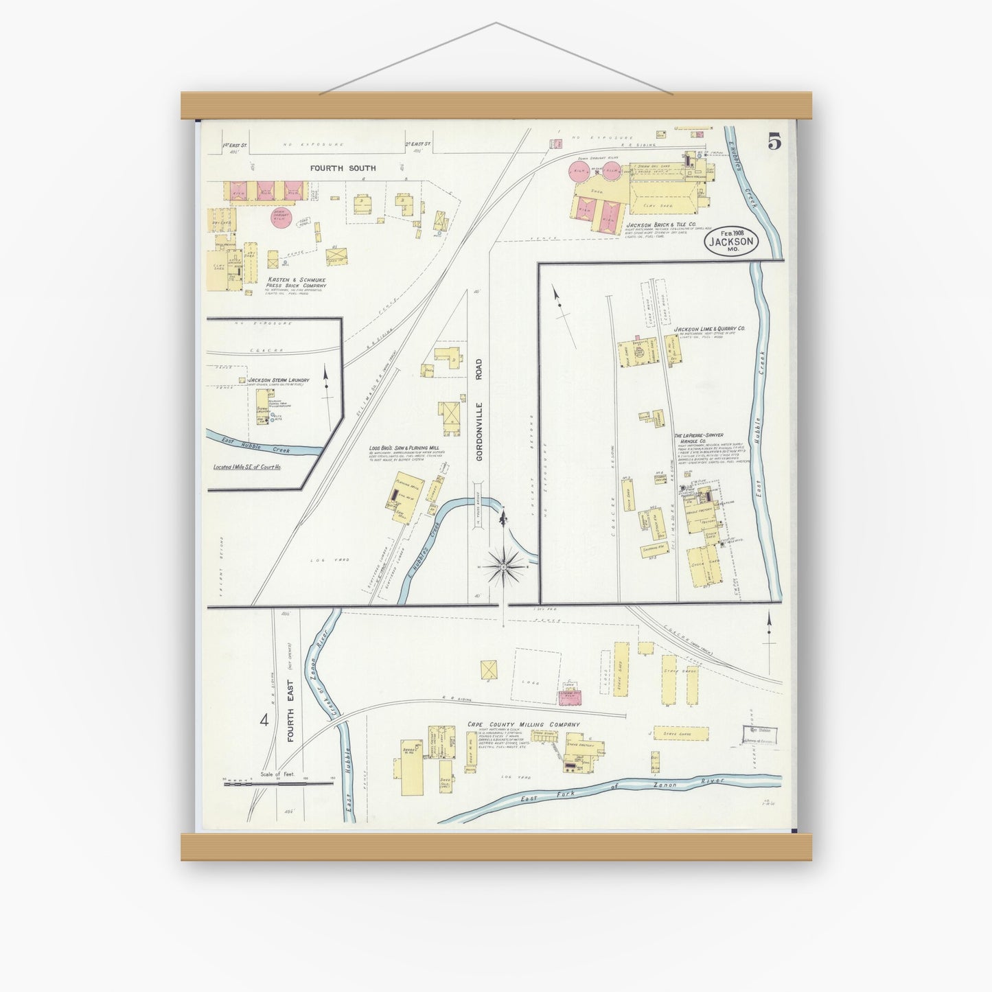 Old map wall art mockup — magnetic wood frame on white wall — Sanborn Fire Insurance Map from Jackson, Cape Girardeau County, Missouri (1908), Sheet #0005