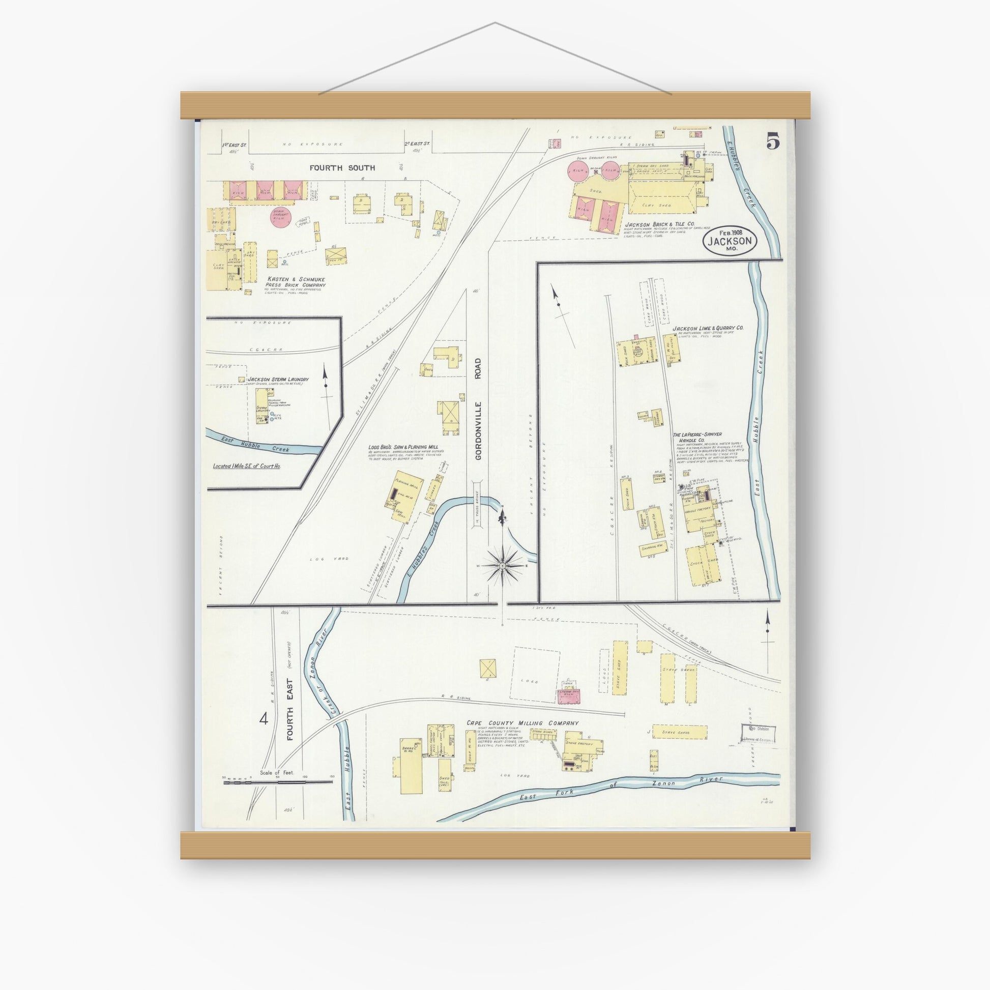 Old map wall art mockup — magnetic wood frame on white wall — Sanborn Fire Insurance Map from Jackson, Cape Girardeau County, Missouri (1908), Sheet #0005