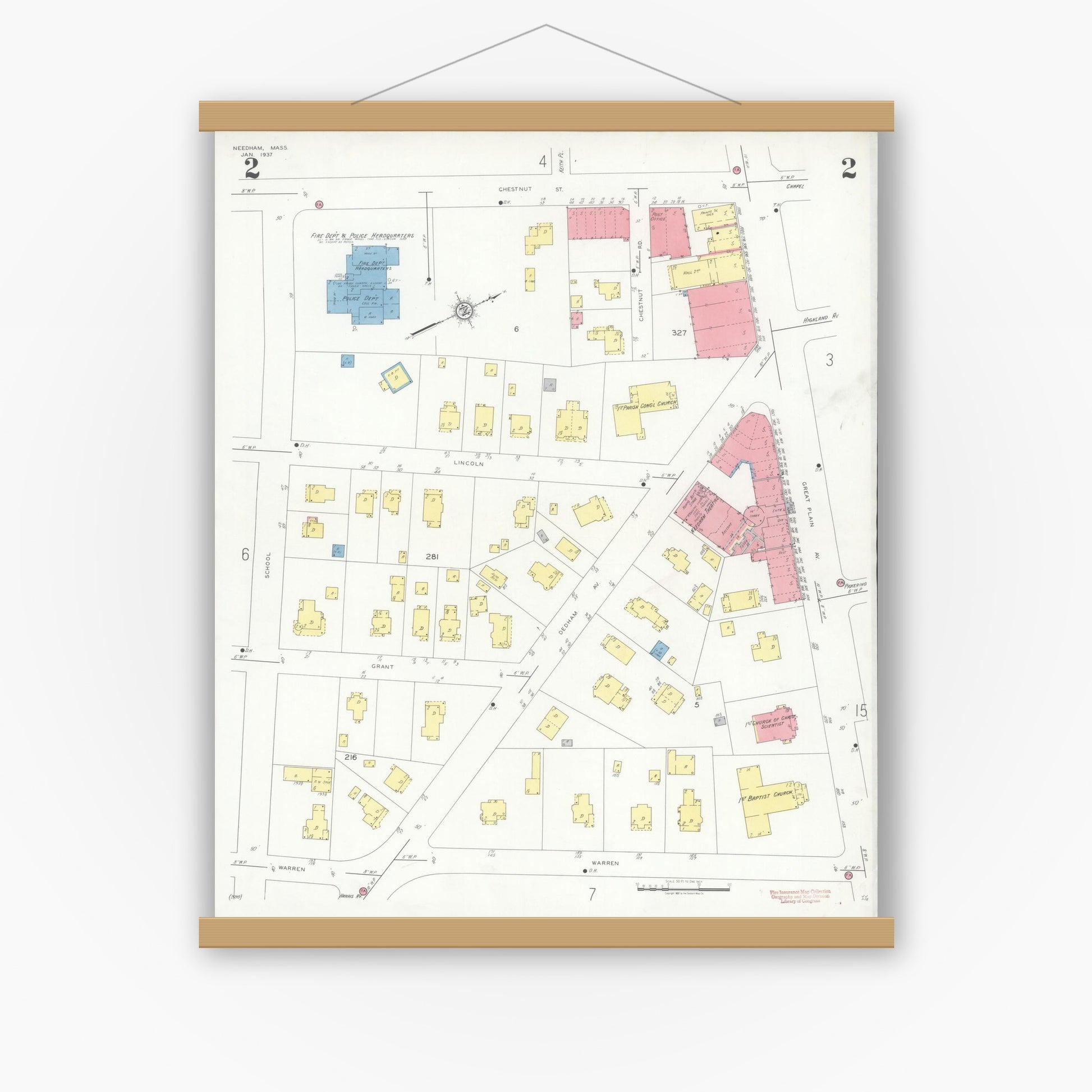 Old map wall art mockup — magnetic wood frame on white wall — Sanborn Fire Insurance Map from Needham, Norfolk County, Massachusetts (1937), Sheet #0002