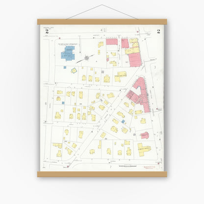 Old map wall art mockup — magnetic wood frame on white wall — Sanborn Fire Insurance Map from Needham, Norfolk County, Massachusetts (1937), Sheet #0002