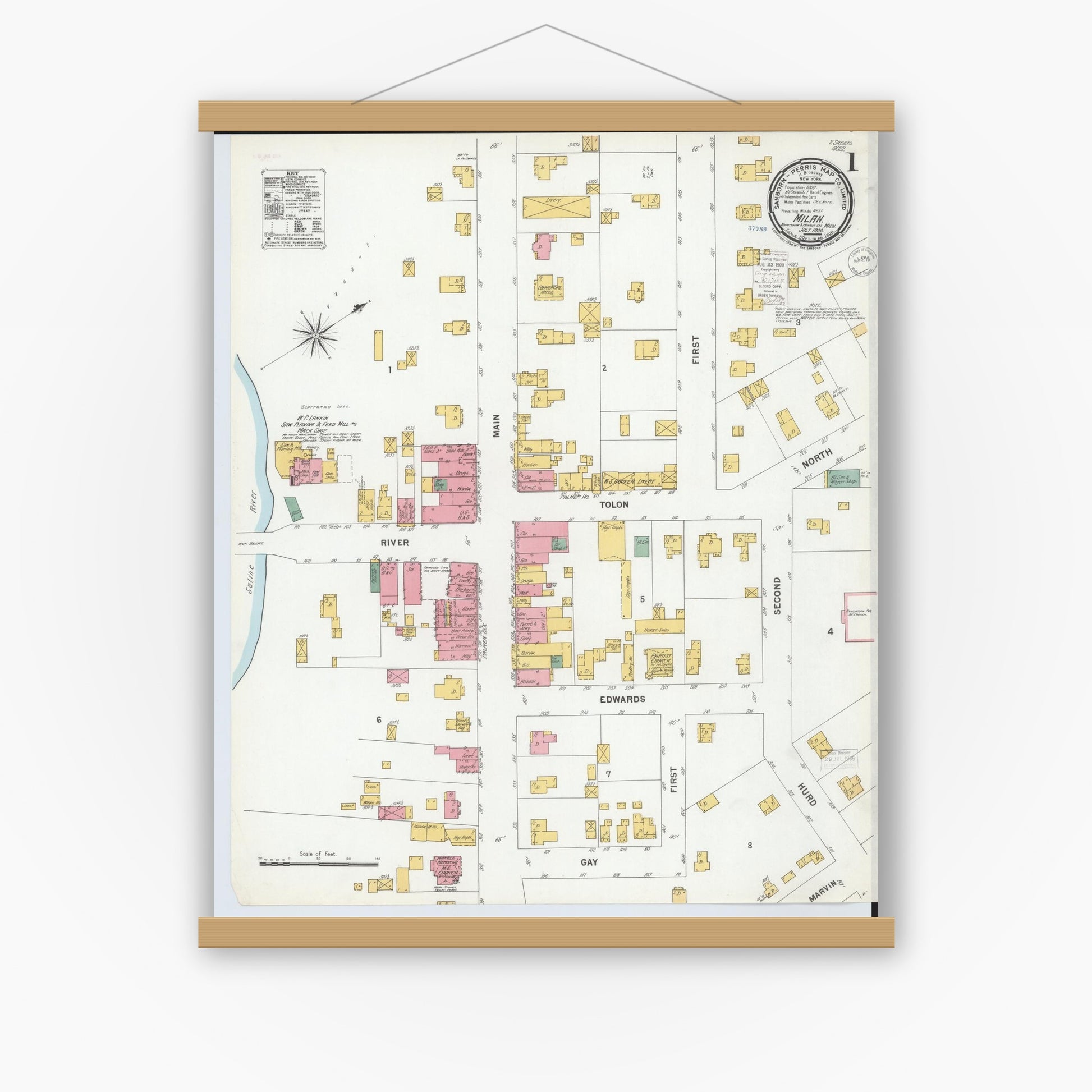 Old map wall art mockup — magnetic wood frame on white wall — Sanborn Fire Insurance Map from Milan, Washtenaw And Monroe Counties, Michigan (1900) - Complete Map Set