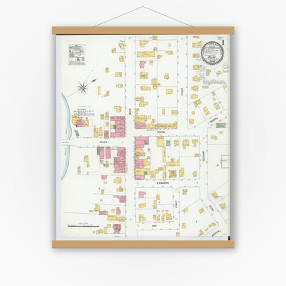 Old map wall art mockup — magnetic wood frame on white wall — Sanborn Fire Insurance Map from Milan, Washtenaw And Monroe Counties, Michigan (1900) - Complete Map Set