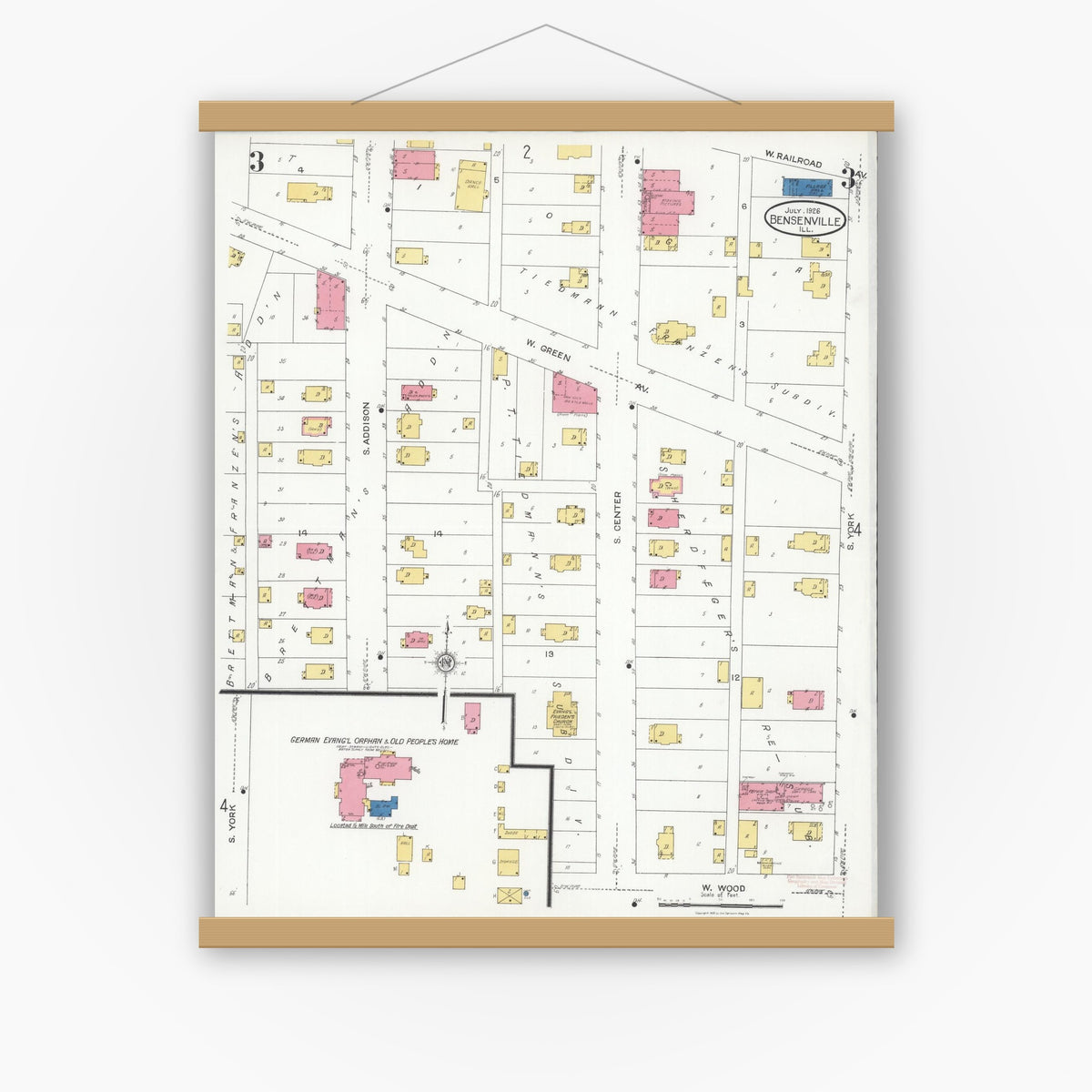 Old map wall art mockup — magnetic wood frame on white wall — Sanborn Fire Insurance Map from Bensenville, Dupage County, Illinois (1926), Sheet #0003
