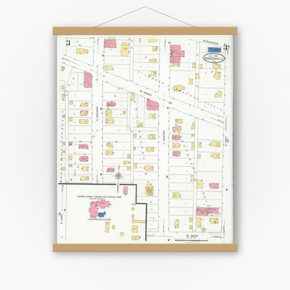 Old map wall art mockup — magnetic wood frame on white wall — Sanborn Fire Insurance Map from Bensenville, Dupage County, Illinois (1926), Sheet #0003