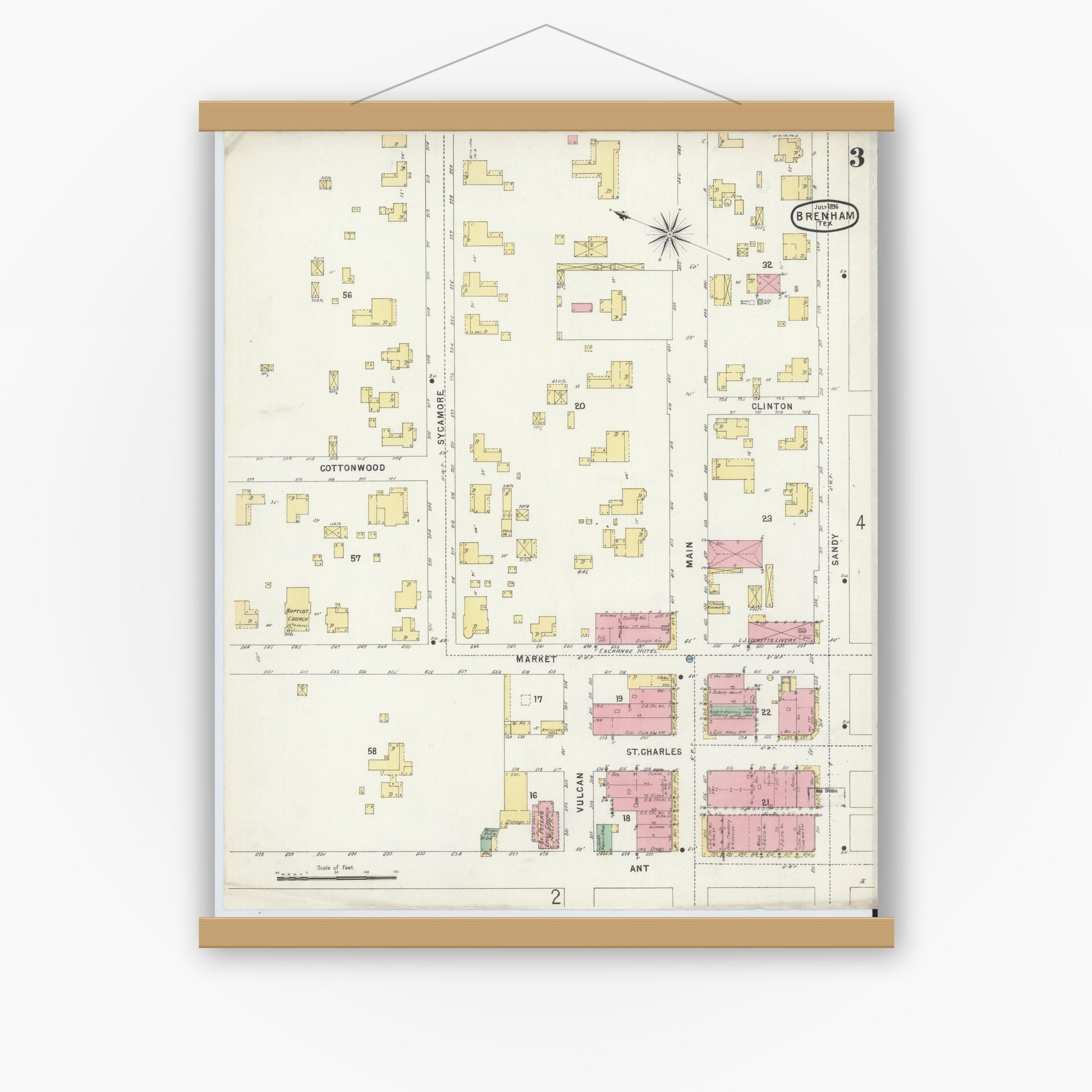 Old map wall art mockup — magnetic wood frame on white wall — Sanborn Fire Insurance Map from Brenham, Washington County, Texas (1896), Sheet #0003