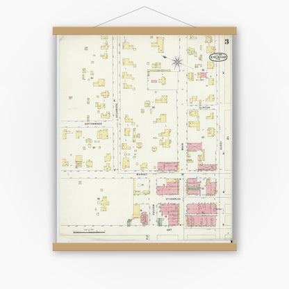 Old map wall art mockup — magnetic wood frame on white wall — Sanborn Fire Insurance Map from Brenham, Washington County, Texas (1896), Sheet #0003