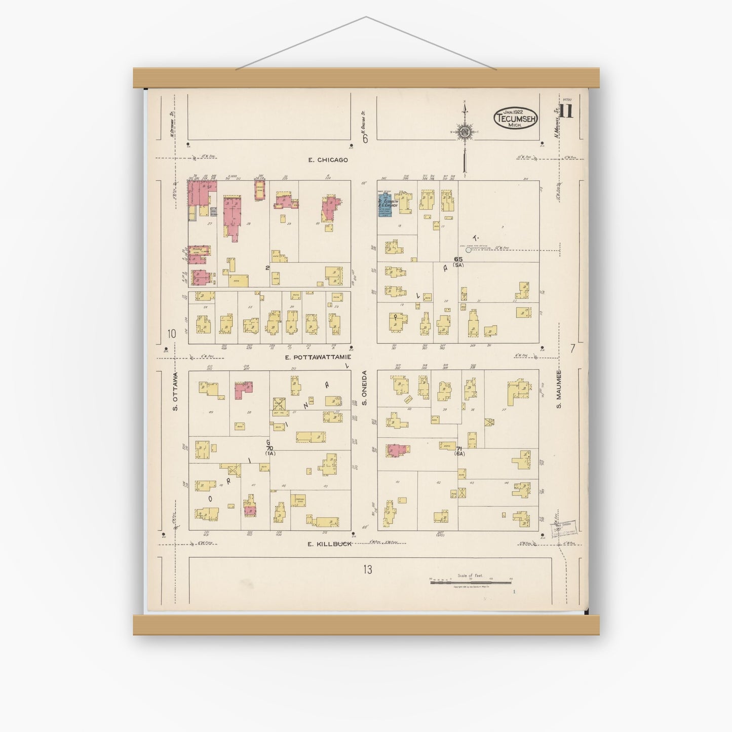 Old map wall art mockup — magnetic wood frame on white wall — Sanborn Fire Insurance Map from Tecumseh, Lenawee County, Michigan (1922), Sheet #0011