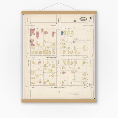 Old map wall art mockup — magnetic wood frame on white wall — Sanborn Fire Insurance Map from Tecumseh, Lenawee County, Michigan (1922), Sheet #0011