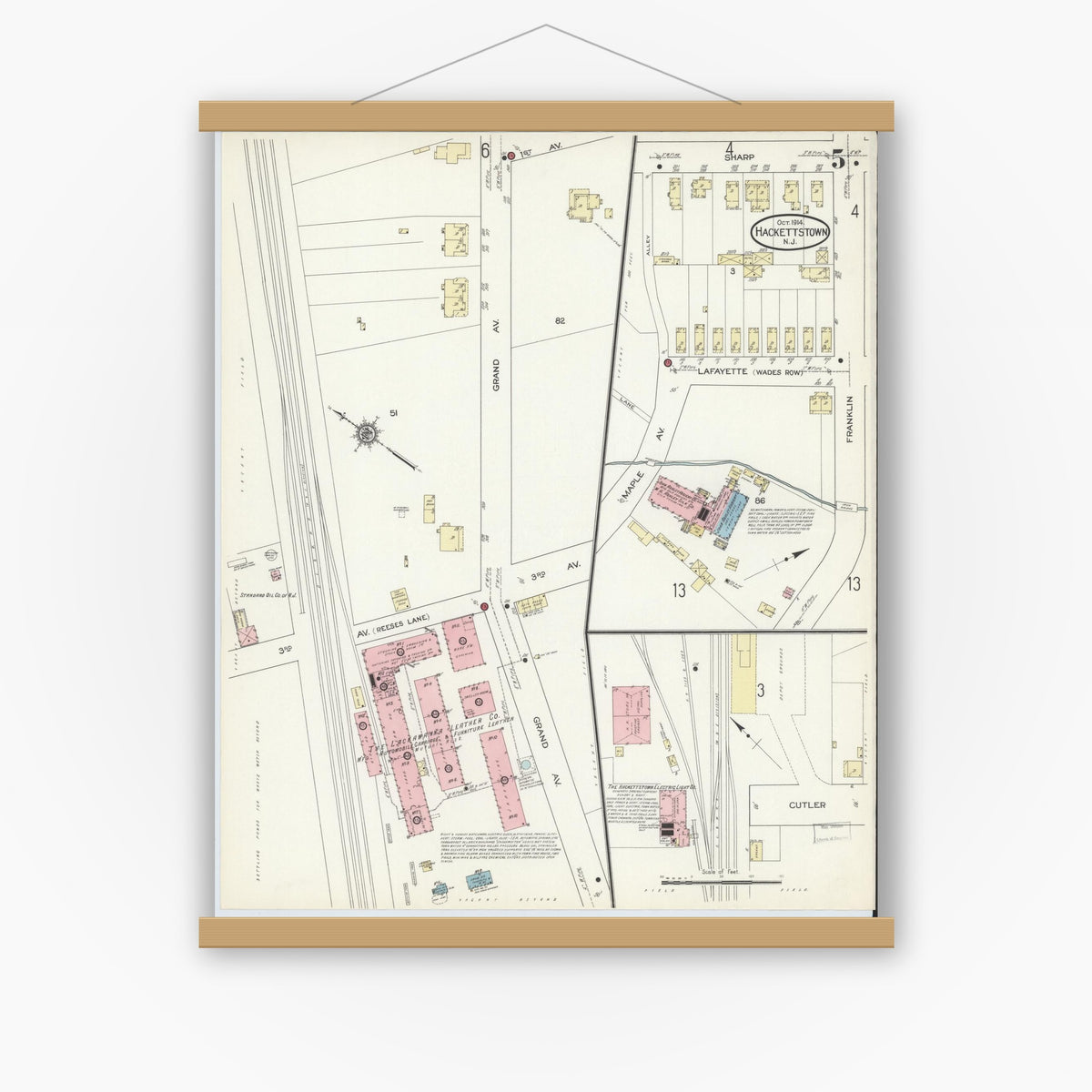 Old map wall art mockup — magnetic wood frame on white wall — Sanborn Fire Insurance Map from Hackettstown, Warren County, New Jersey (1914), Sheet #0005