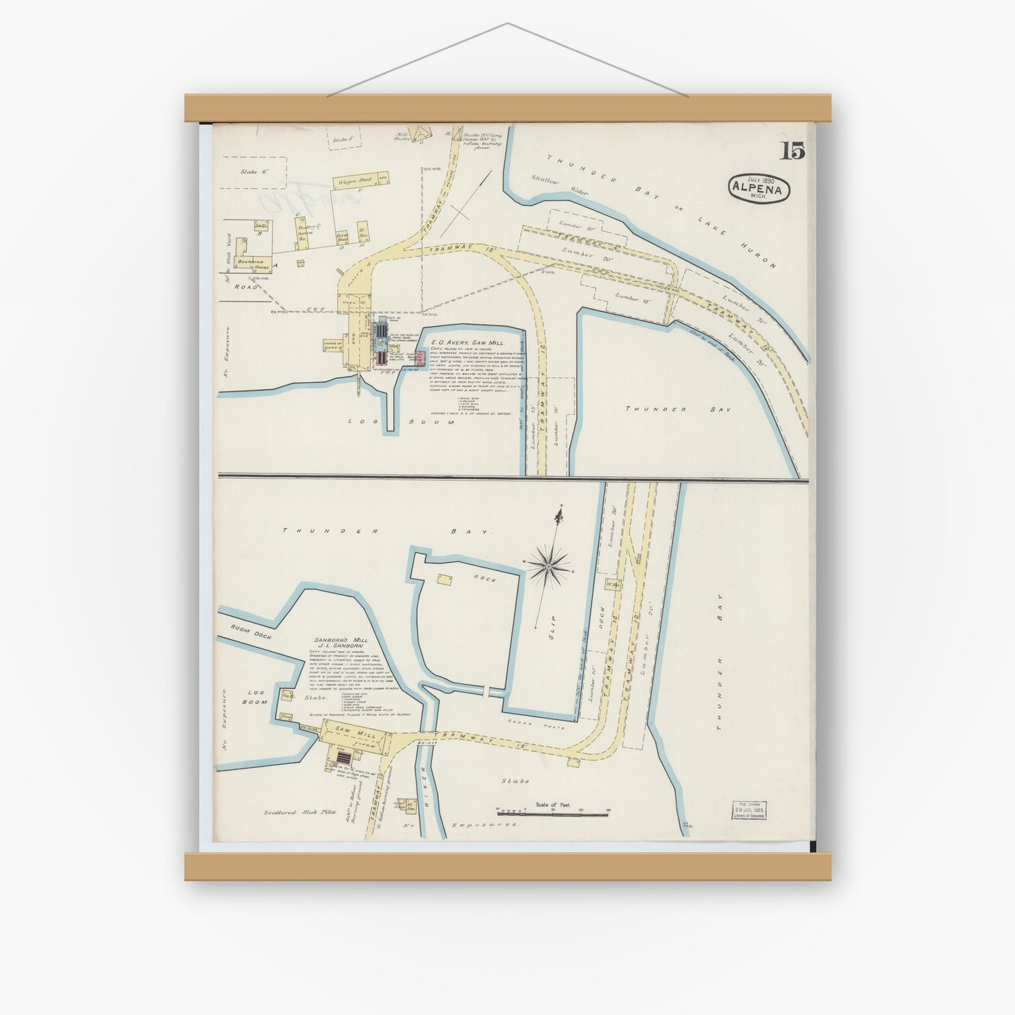 Old map wall art mockup — magnetic wood frame on white wall — Sanborn Fire Insurance Map from Alpena, Alpena County, Michigan (1890), Sheet #0015