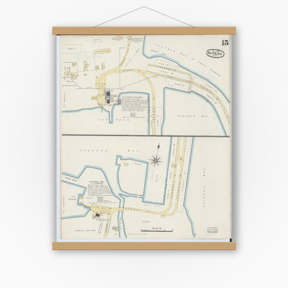 Old map wall art mockup — magnetic wood frame on white wall — Sanborn Fire Insurance Map from Alpena, Alpena County, Michigan (1890), Sheet #0015