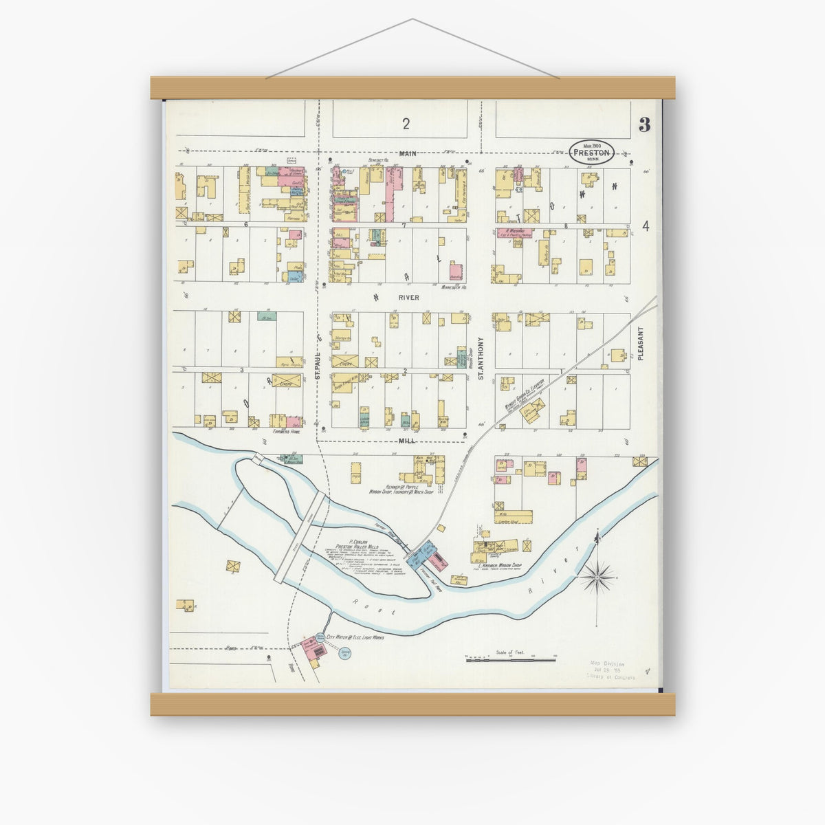 Old map wall art mockup — magnetic wood frame on white wall — Sanborn Fire Insurance Map from Preston, Fillmore County, Minnesota (1900), Sheet #0003