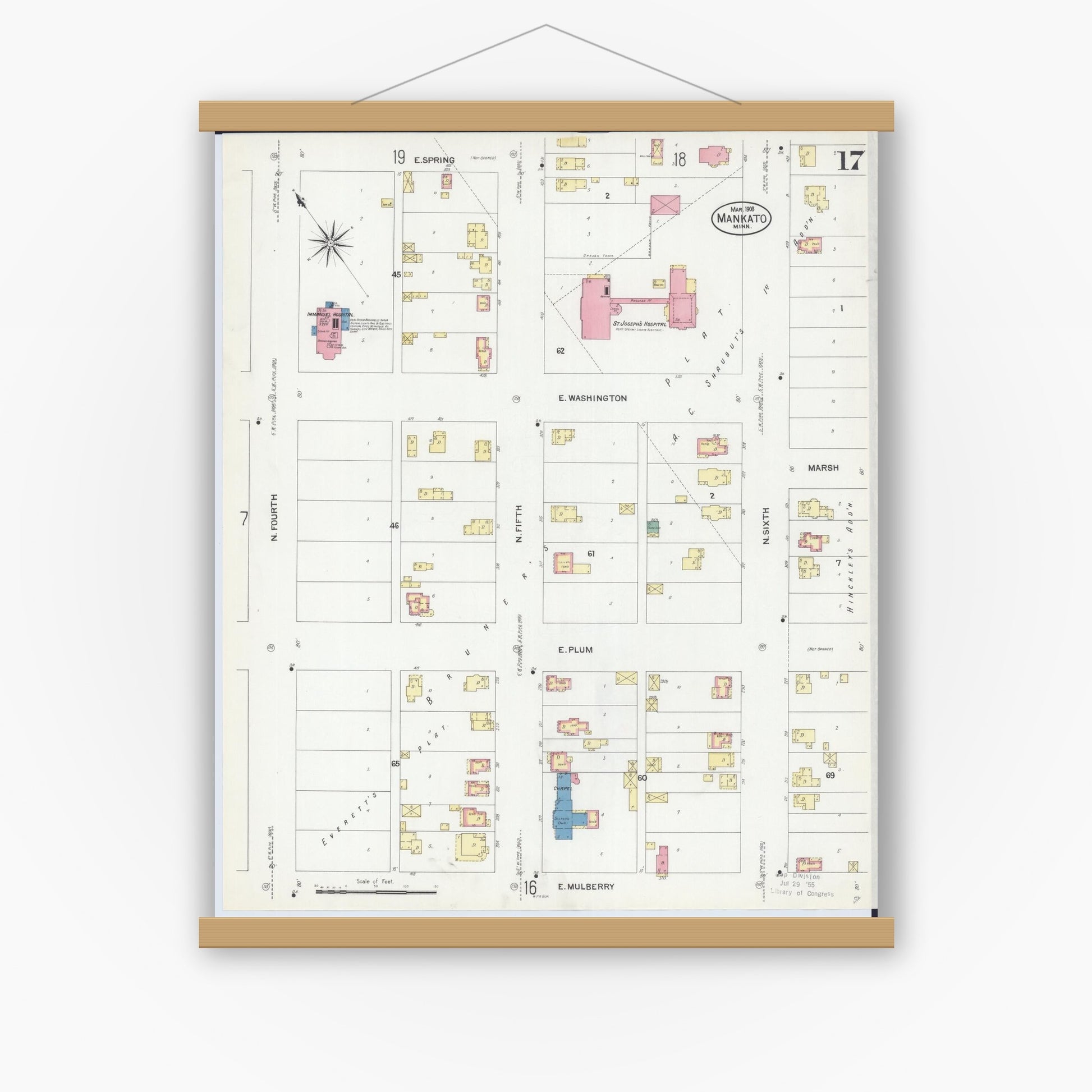 Old map wall art mockup — magnetic wood frame on white wall — Sanborn Fire Insurance Map from Mankato, Blue Earth County, Minnesota (1908), Sheet #0017
