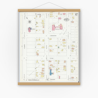 Old map wall art mockup — magnetic wood frame on white wall — Sanborn Fire Insurance Map from Mankato, Blue Earth County, Minnesota (1908), Sheet #0017