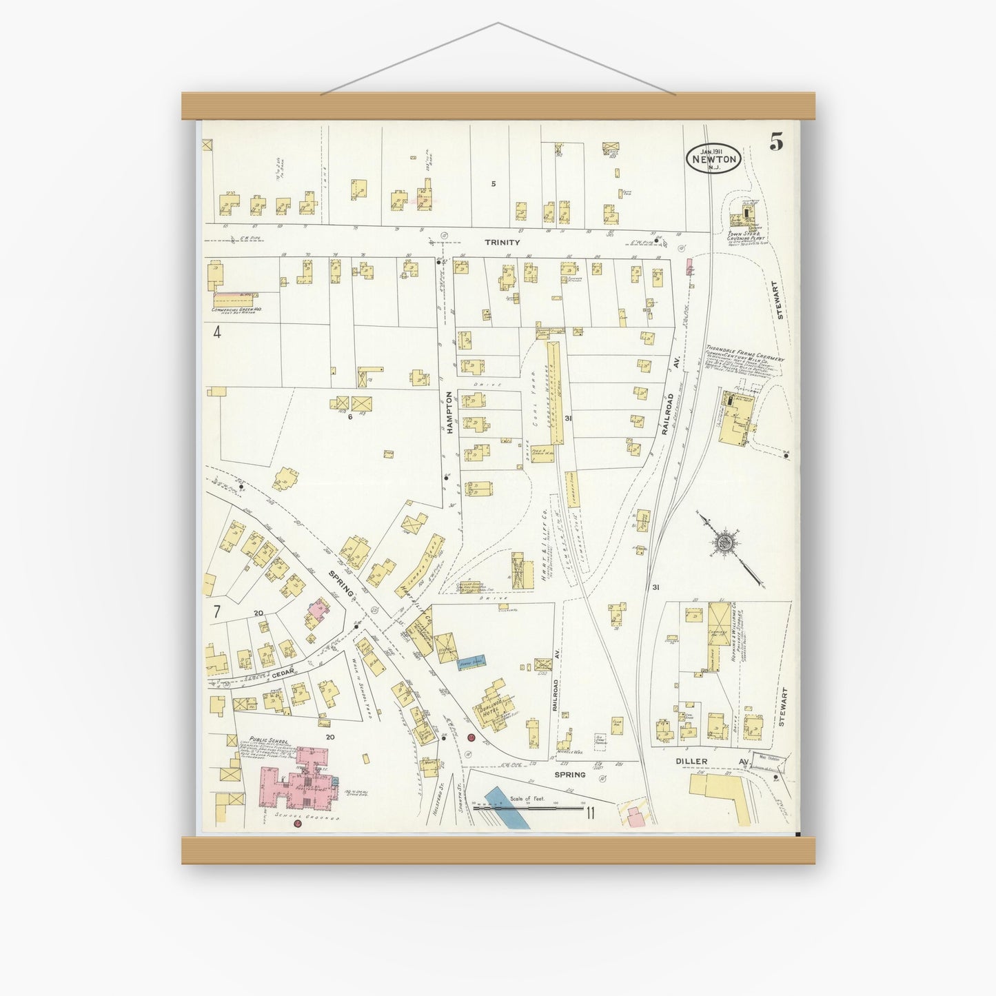 Old map wall art mockup — magnetic wood frame on white wall — Sanborn Fire Insurance Map from Newton, Sussex County, New Jersey (1911), Sheet #0005