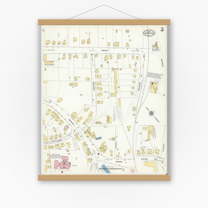 Old map wall art mockup — magnetic wood frame on white wall — Sanborn Fire Insurance Map from Newton, Sussex County, New Jersey (1911), Sheet #0005