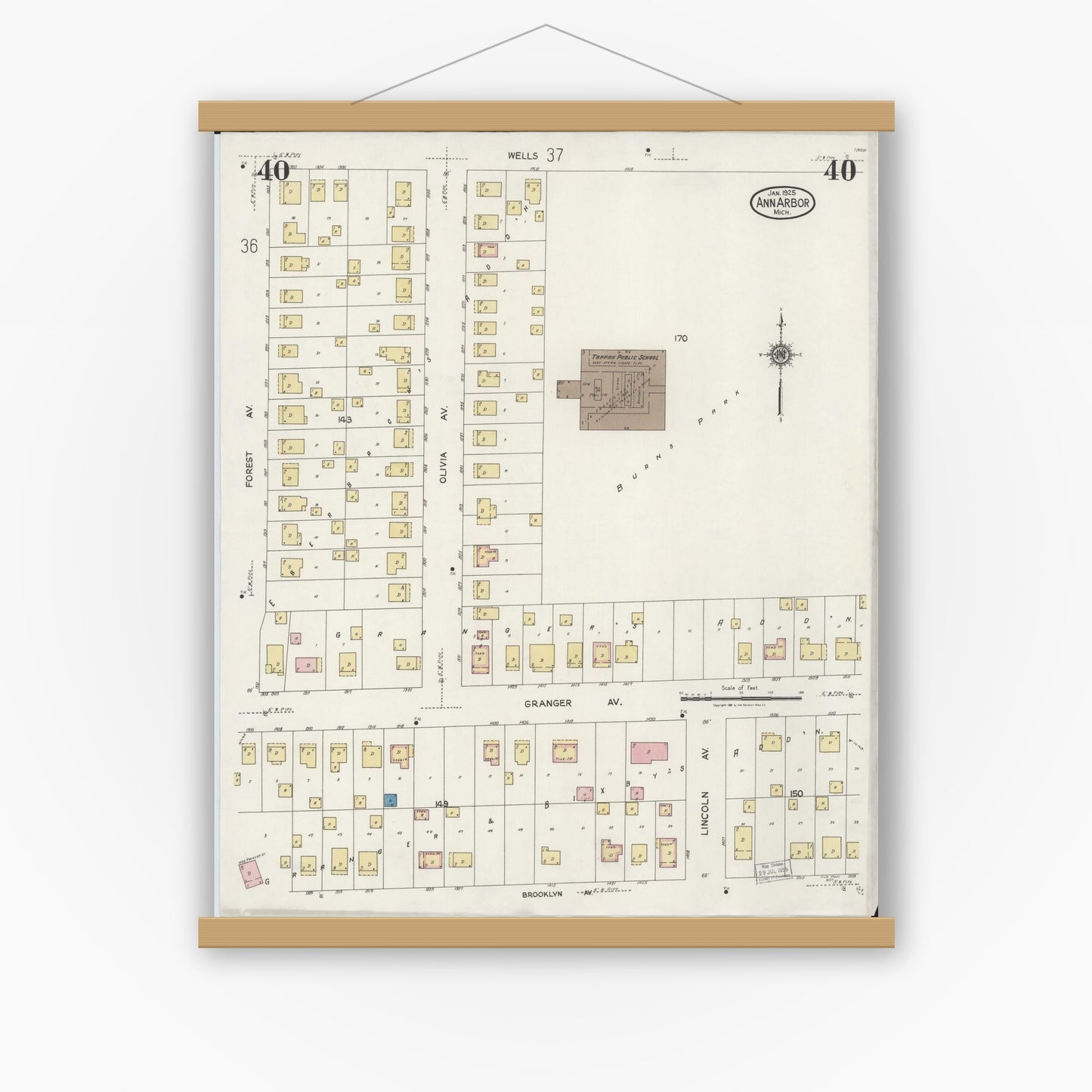 Old map wall art mockup — magnetic wood frame on white wall — Sanborn Fire Insurance Map from Ann Arbor, Washtenaw County, Michigan (1925), Sheet #0040