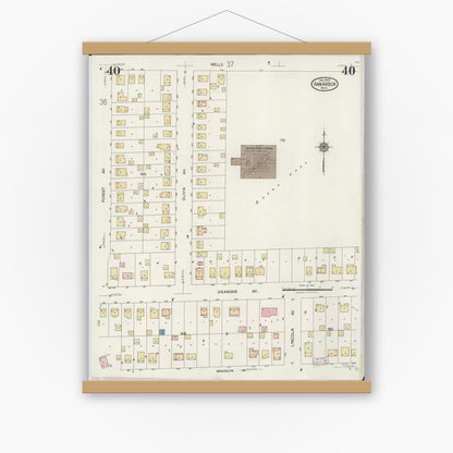Old map wall art mockup — magnetic wood frame on white wall — Sanborn Fire Insurance Map from Ann Arbor, Washtenaw County, Michigan (1925), Sheet #0040