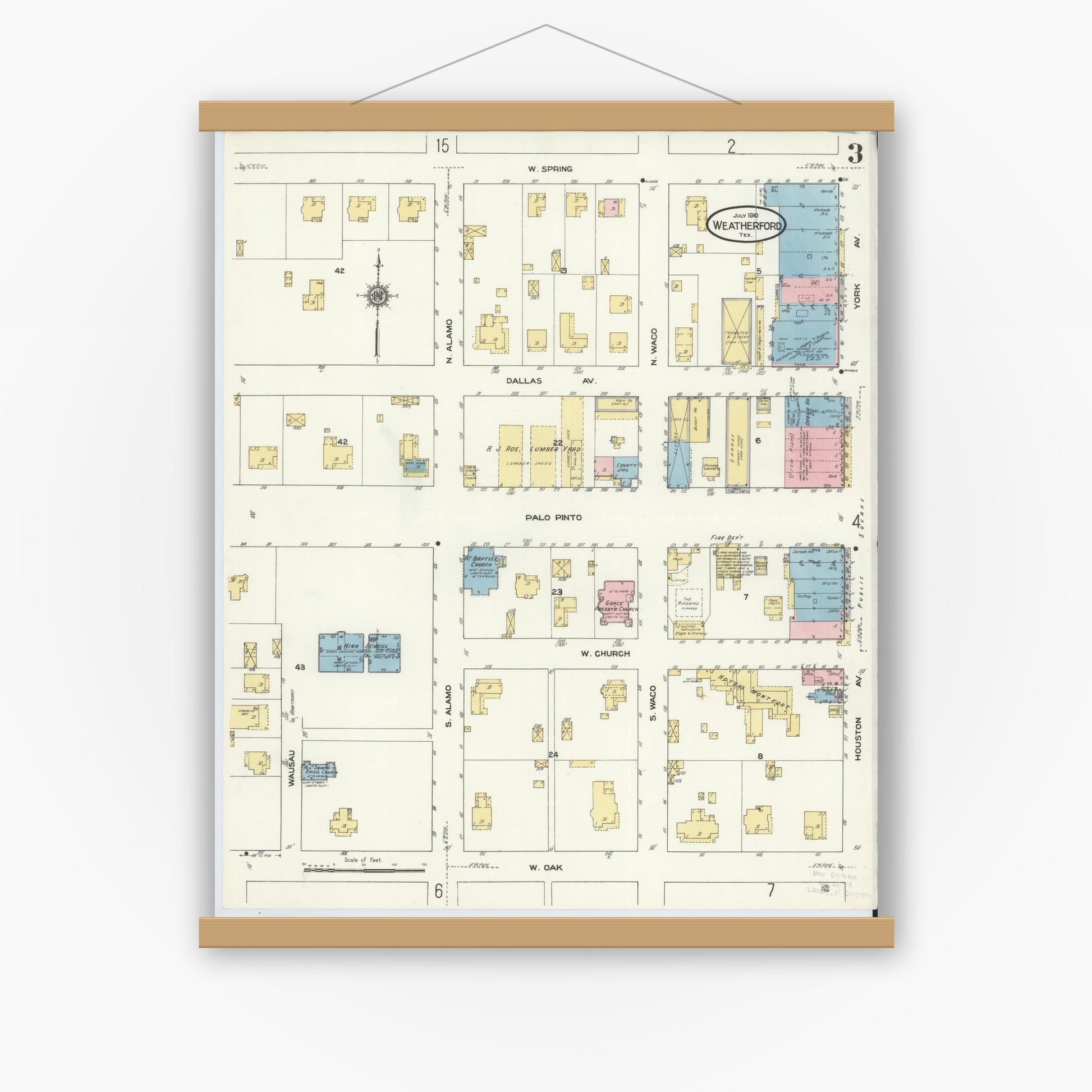 Old map wall art mockup — magnetic wood frame on white wall — Sanborn Fire Insurance Map from Weatherford, Parker County, Texas (1910), Sheet #0003