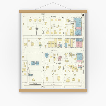 Old map wall art mockup — magnetic wood frame on white wall — Sanborn Fire Insurance Map from Weatherford, Parker County, Texas (1910), Sheet #0003