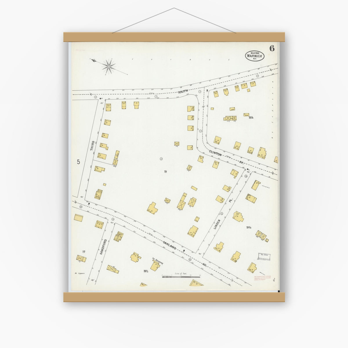 Old map wall art mockup — magnetic wood frame on white wall — Sanborn Fire Insurance Map from Warwick, Orange County, New York (1900), Sheet #0006