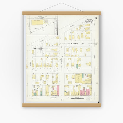 Old map wall art mockup — magnetic wood frame on white wall — Sanborn Fire Insurance Map from Big Rapids, Mecosta County, Michigan (1908), Sheet #0009