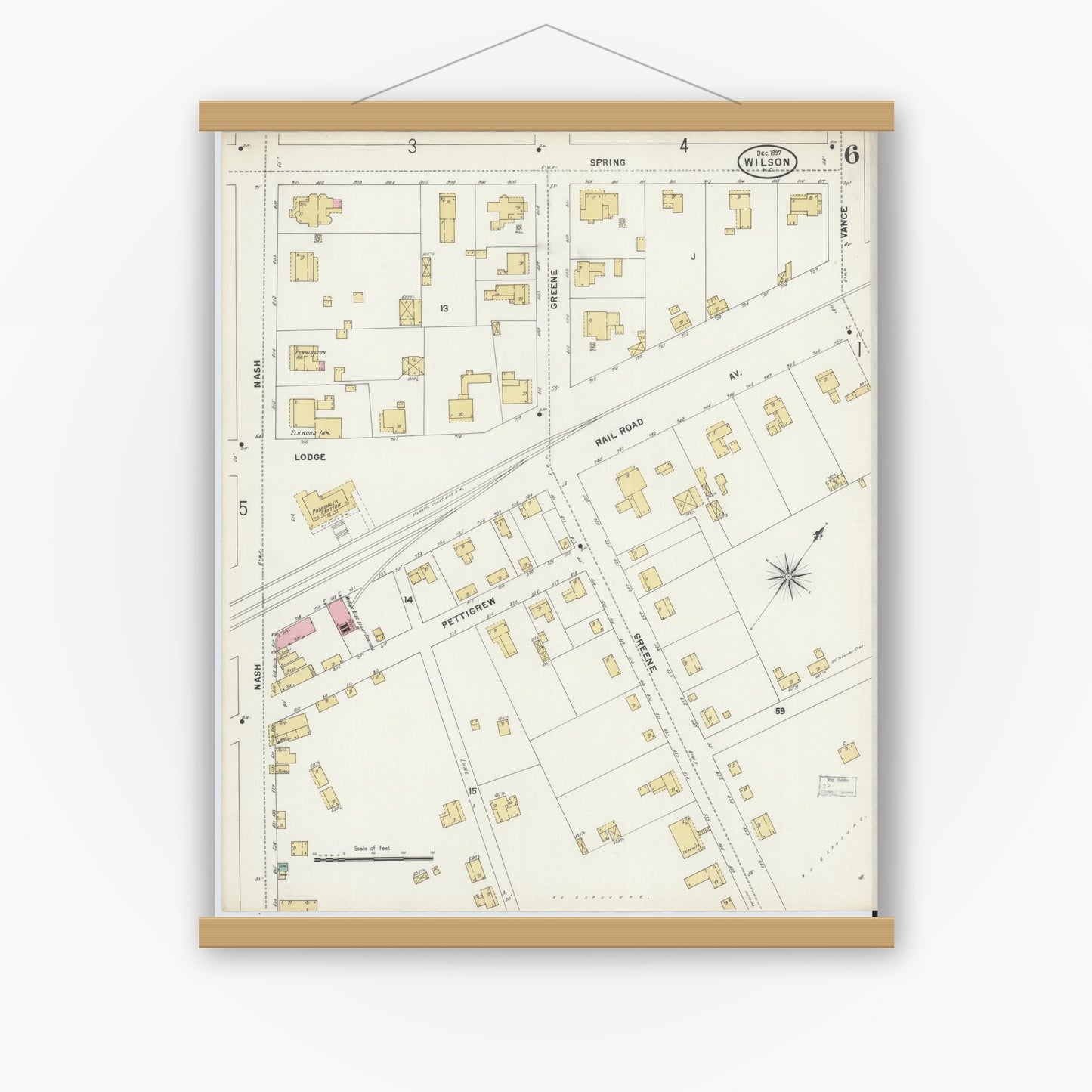 Old map wall art mockup — magnetic wood frame on white wall — Sanborn Fire Insurance Map from Wilson, Wilson County, North Carolina (1897), Sheet #0006