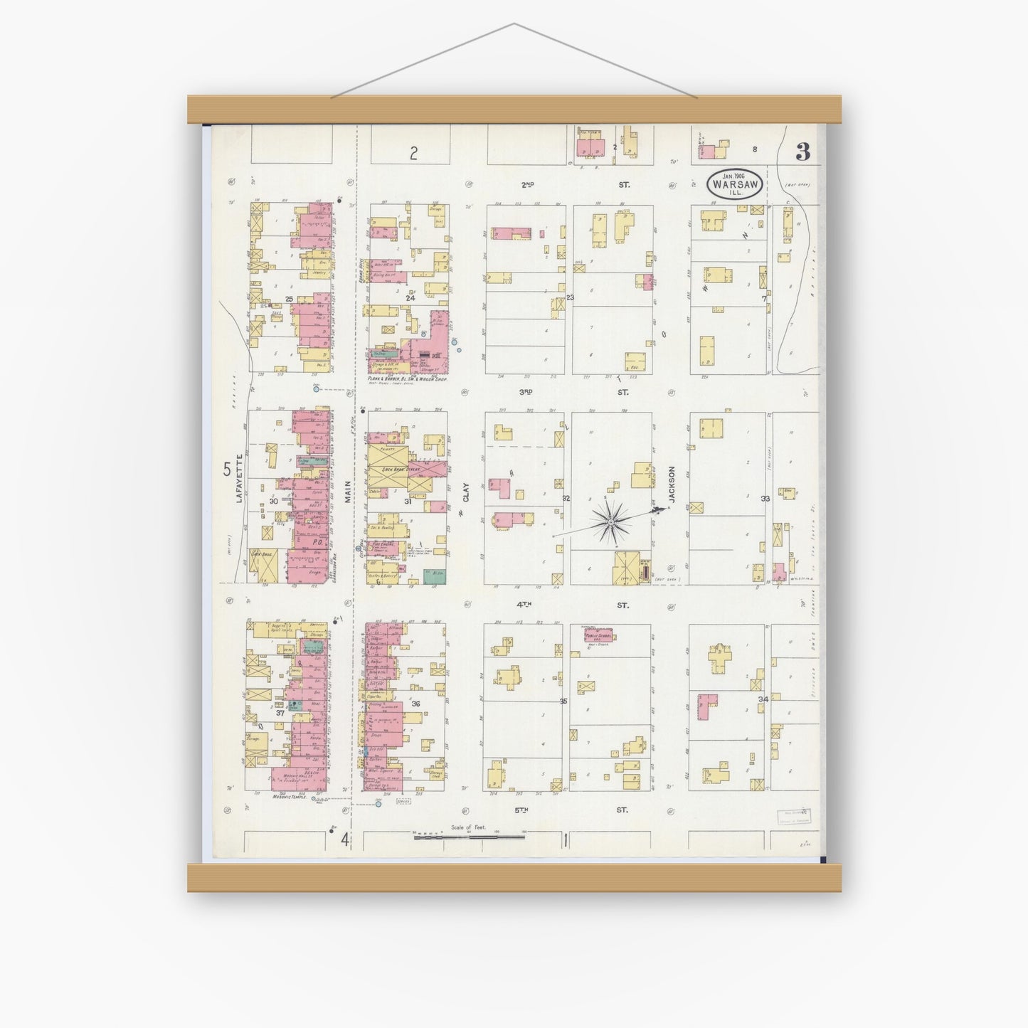 Old map wall art mockup — magnetic wood frame on white wall — Sanborn Fire Insurance Map from Warsaw, Hancock County, Illinois (1906), Sheet #0003