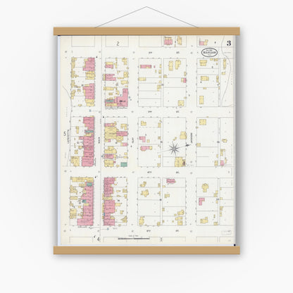Old map wall art mockup — magnetic wood frame on white wall — Sanborn Fire Insurance Map from Warsaw, Hancock County, Illinois (1906), Sheet #0003