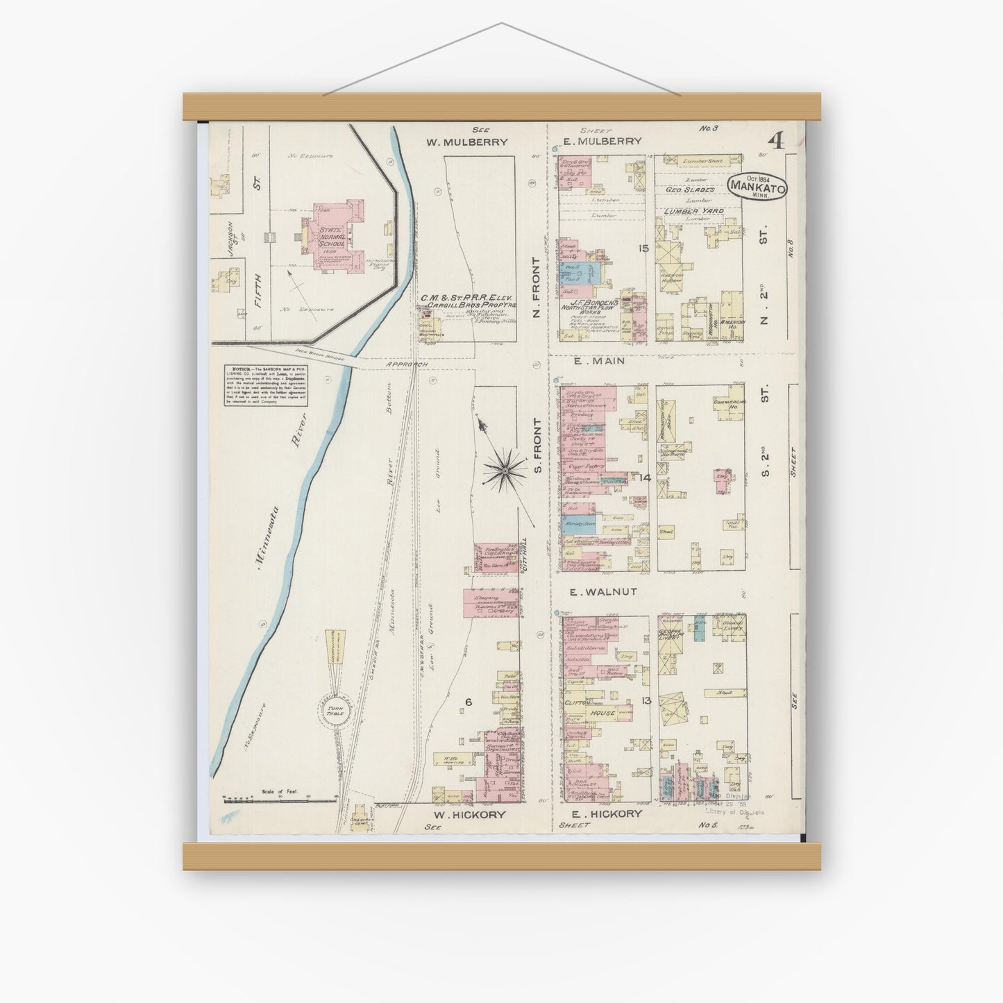 Old map wall art mockup — magnetic wood frame on white wall — Sanborn Fire Insurance Map from Mankato, Blue Earth County, Minnesota (1884), Sheet #0004