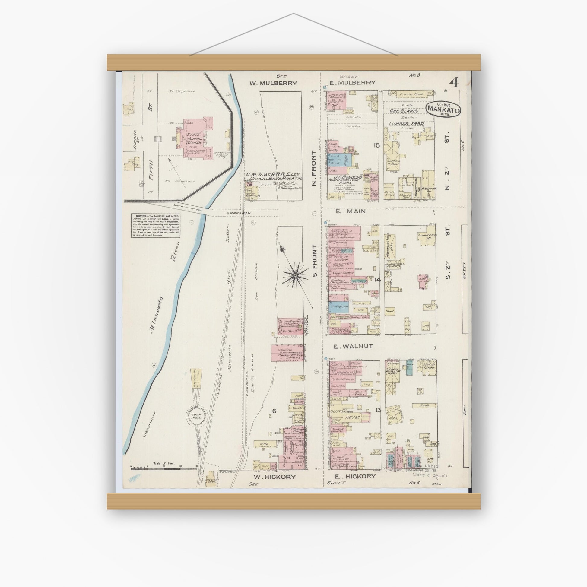 Old map wall art mockup — magnetic wood frame on white wall — Sanborn Fire Insurance Map from Mankato, Blue Earth County, Minnesota (1884), Sheet #0004