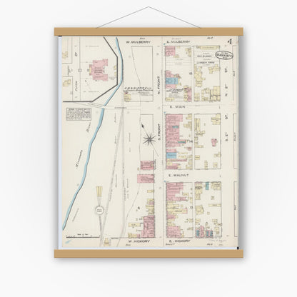 Old map wall art mockup — magnetic wood frame on white wall — Sanborn Fire Insurance Map from Mankato, Blue Earth County, Minnesota (1884), Sheet #0004