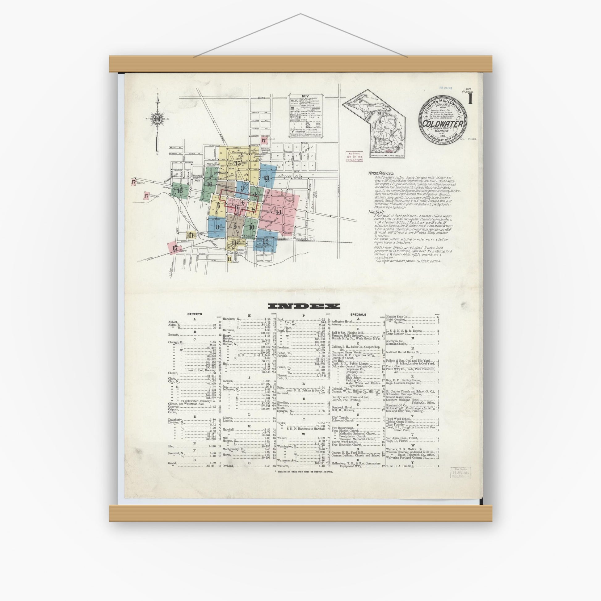 Old map wall art mockup — magnetic wood frame on white wall — Sanborn Fire Insurance Map from Coldwater, Branch County, Michigan (1914), Sheet #0001