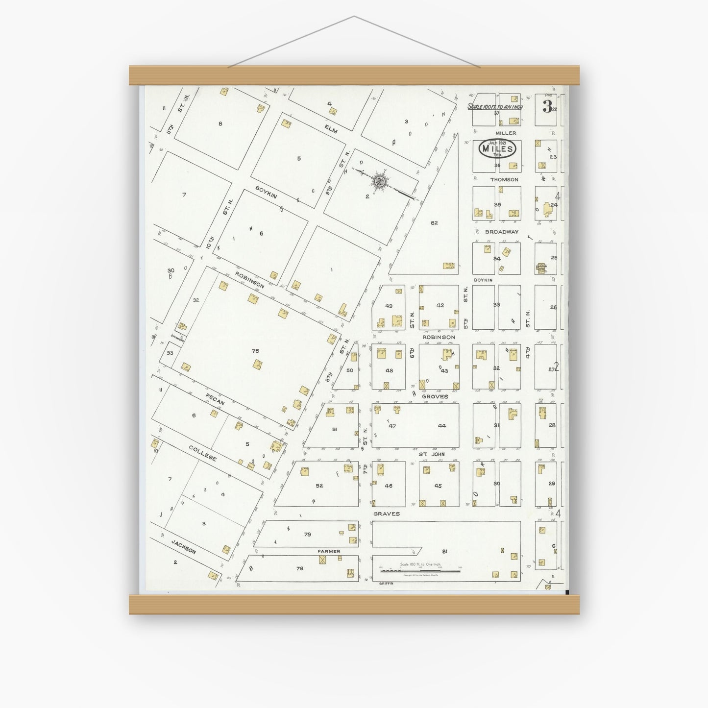 Old map wall art mockup — magnetic wood frame on white wall — Sanborn Fire Insurance Map from Miles, Runnels County, Texas (1921), Sheet #0003