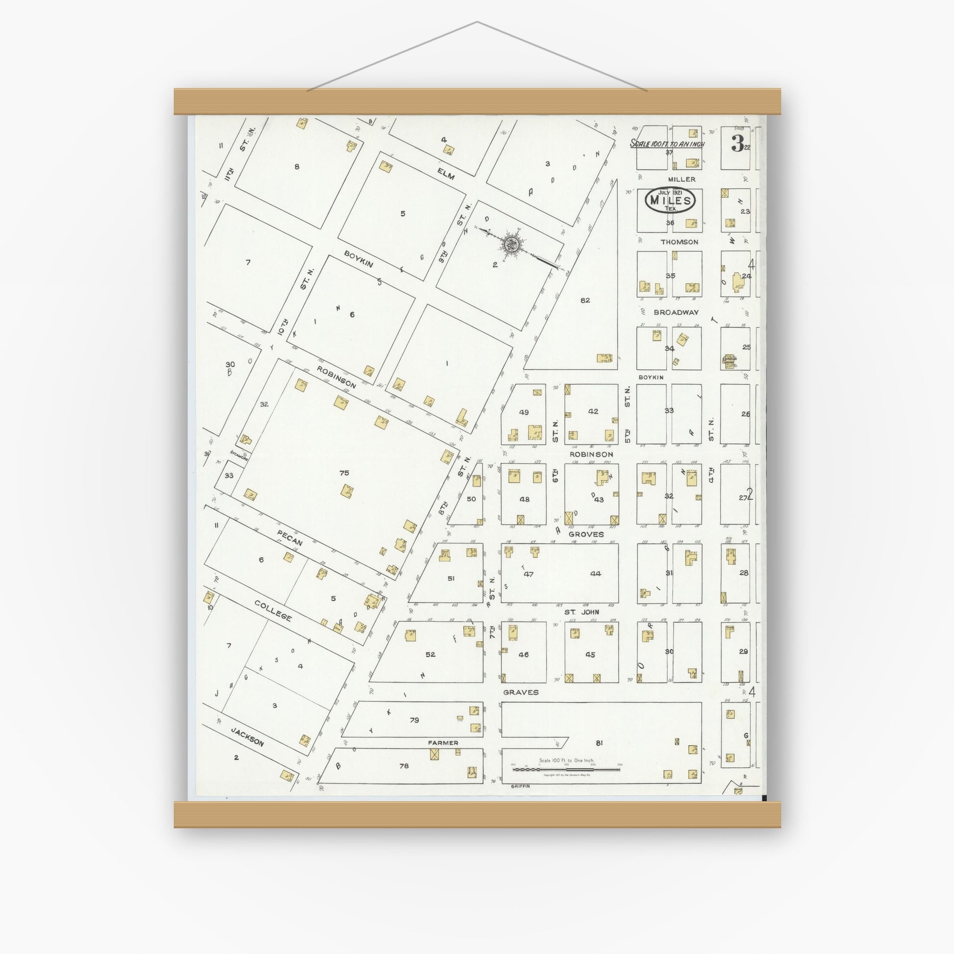 Old map wall art mockup — magnetic wood frame on white wall — Sanborn Fire Insurance Map from Miles, Runnels County, Texas (1921), Sheet #0003