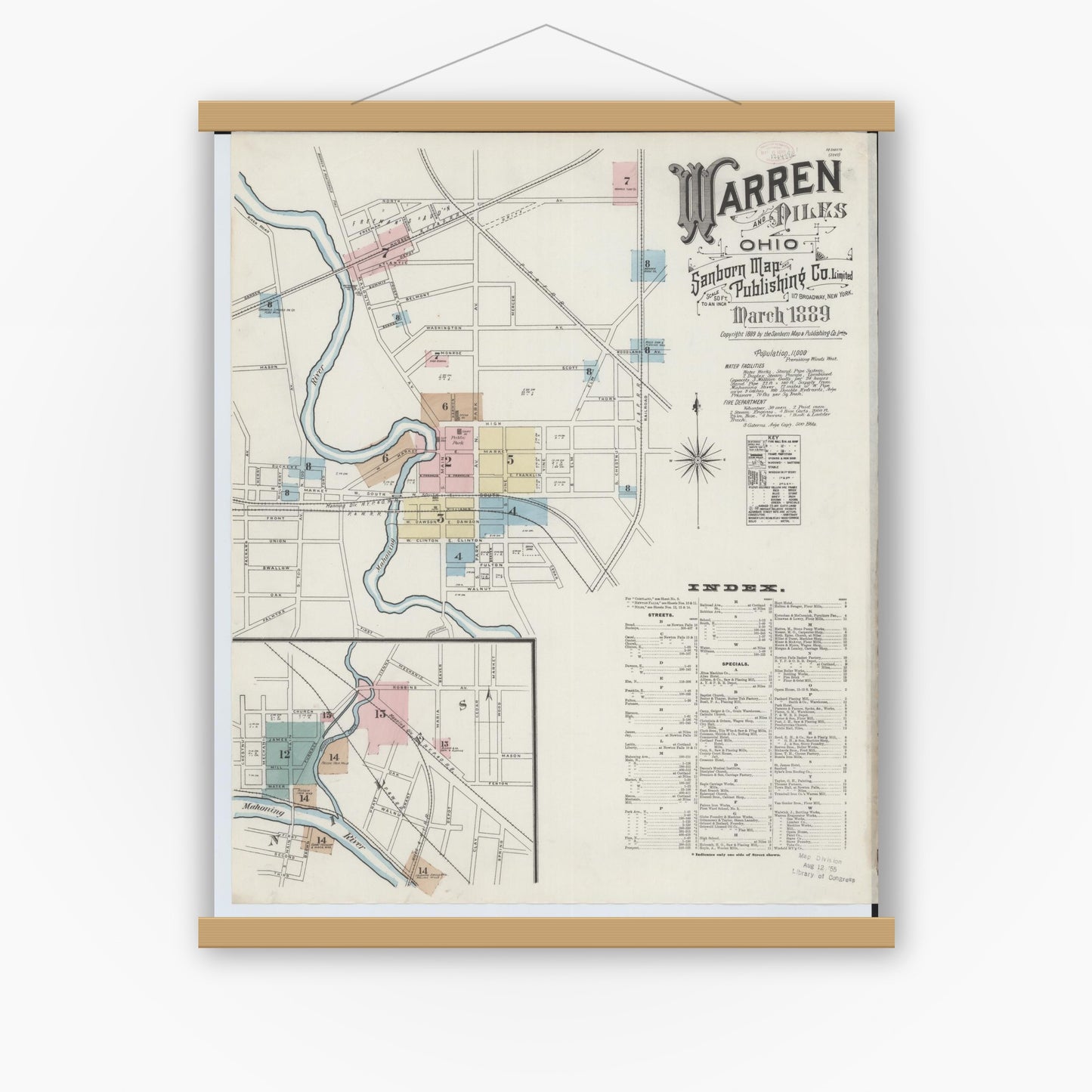 Old map wall art mockup — magnetic wood frame on white wall — Sanborn Fire Insurance Map from Warren, Trumbull County, Ohio (1889) - Complete Map Set