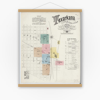 Old map wall art mockup — magnetic wood frame on white wall — Sanborn Fire Insurance Map from Texarkana, Bowie County, Texas (1888) - Complete Map Set