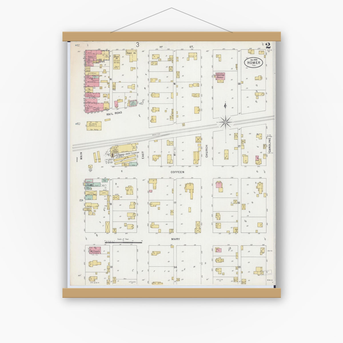 Old map wall art mockup — magnetic wood frame on white wall — Sanborn Fire Insurance Map from Homer, Champaign County, Illinois (1898), Sheet #0002