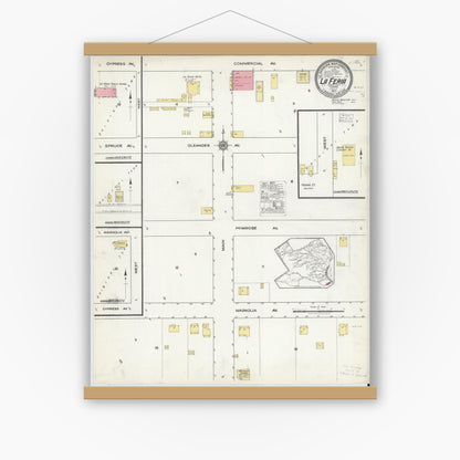 Old map wall art mockup — magnetic wood frame on white wall — Sanborn Fire Insurance Map from La Feria, Cameron County, Texas (1917), Sheet #0001