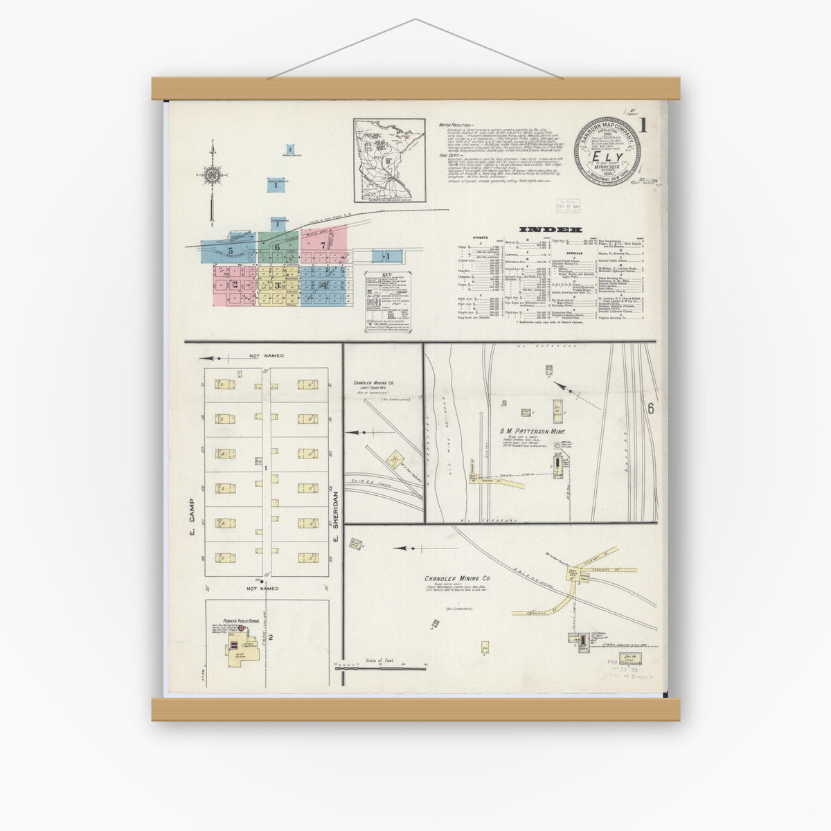 Old map wall art mockup — magnetic wood frame on white wall — Sanborn Fire Insurance Map from Ely, Saint Louis County, Minnesota (1914), Sheet #0001