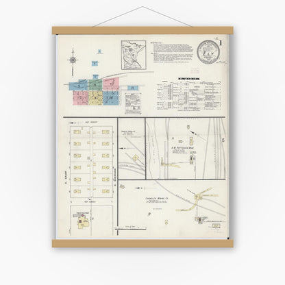 Old map wall art mockup — magnetic wood frame on white wall — Sanborn Fire Insurance Map from Ely, Saint Louis County, Minnesota (1914), Sheet #0001