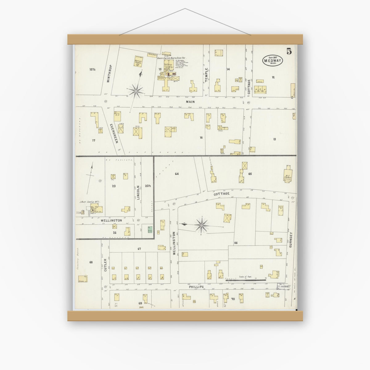 Old map wall art mockup — magnetic wood frame on white wall — Sanborn Fire Insurance Map from Medway, Norfolk County, Massachusetts (1897), Sheet #0005