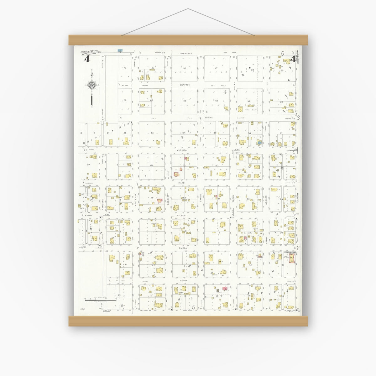 Old map wall art mockup — magnetic wood frame on white wall — Sanborn Fire Insurance Map from Henrietta, Clay County, Texas (1934), Sheet #0004