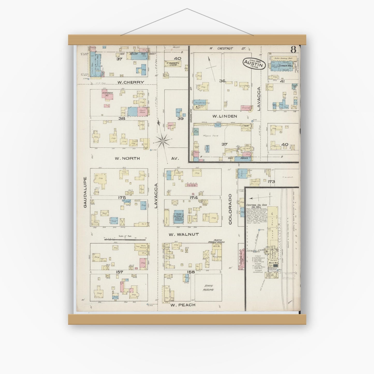 Old map wall art mockup — magnetic wood frame on white wall — Sanborn Fire Insurance Map from Austin, Travis County, Texas (1885), Sheet #0008