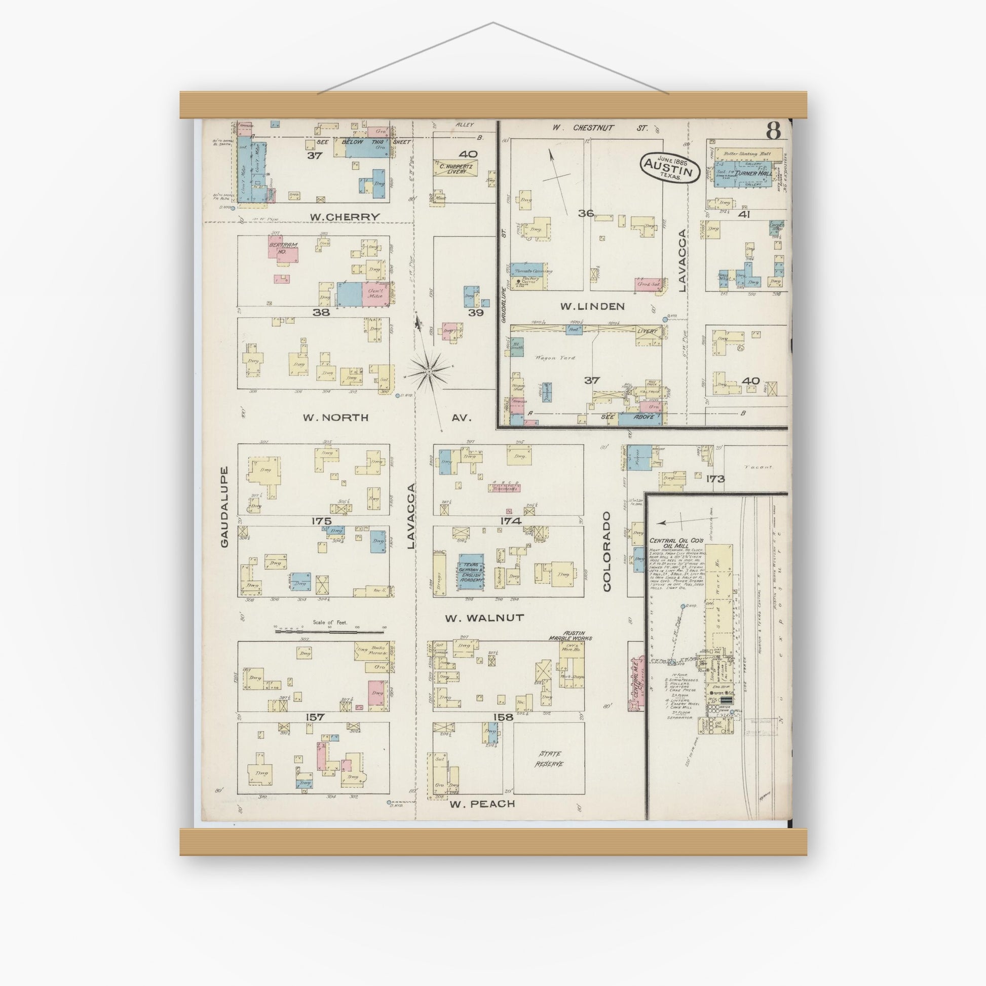 Old map wall art mockup — magnetic wood frame on white wall — Sanborn Fire Insurance Map from Austin, Travis County, Texas (1885), Sheet #0008