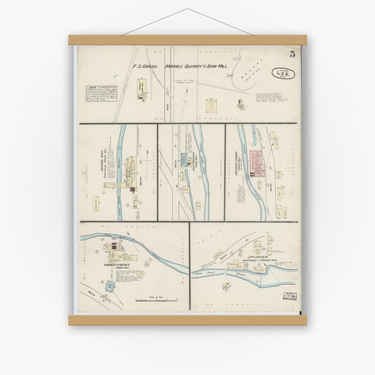 Old map wall art mockup — magnetic wood frame on white wall — Sanborn Fire Insurance Map from Lee, Berkshire County, Massachusetts (1884), Sheet #0005