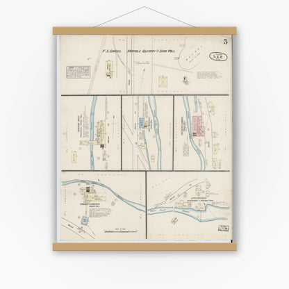 Old map wall art mockup — magnetic wood frame on white wall — Sanborn Fire Insurance Map from Lee, Berkshire County, Massachusetts (1884), Sheet #0005