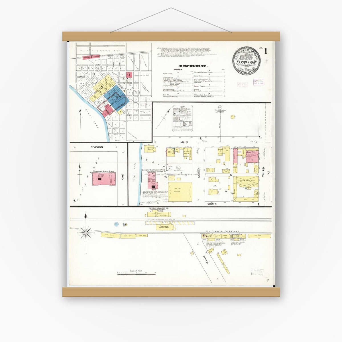 Old map wall art mockup — magnetic wood frame on white wall — Sanborn Fire Insurance Map from Clear Lake, Cerro Gordo County, Iowa (1909) â€” Complete Set